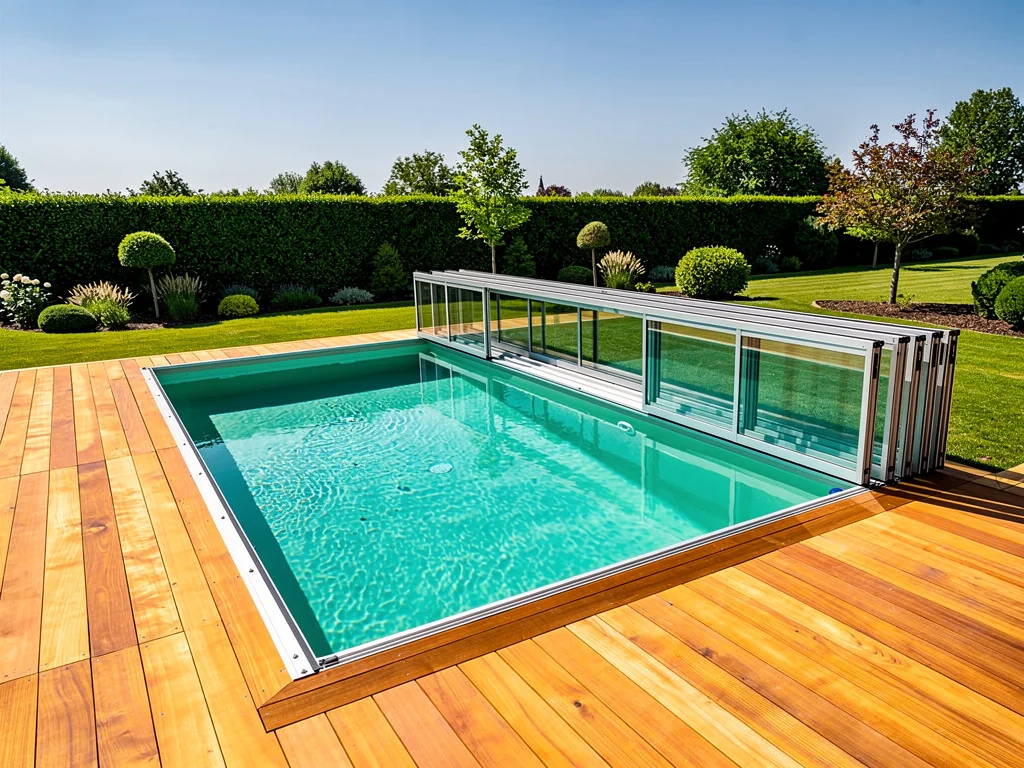 Abri de piscine télescopique en aluminium ouvert sur une terrasse ensoleillée