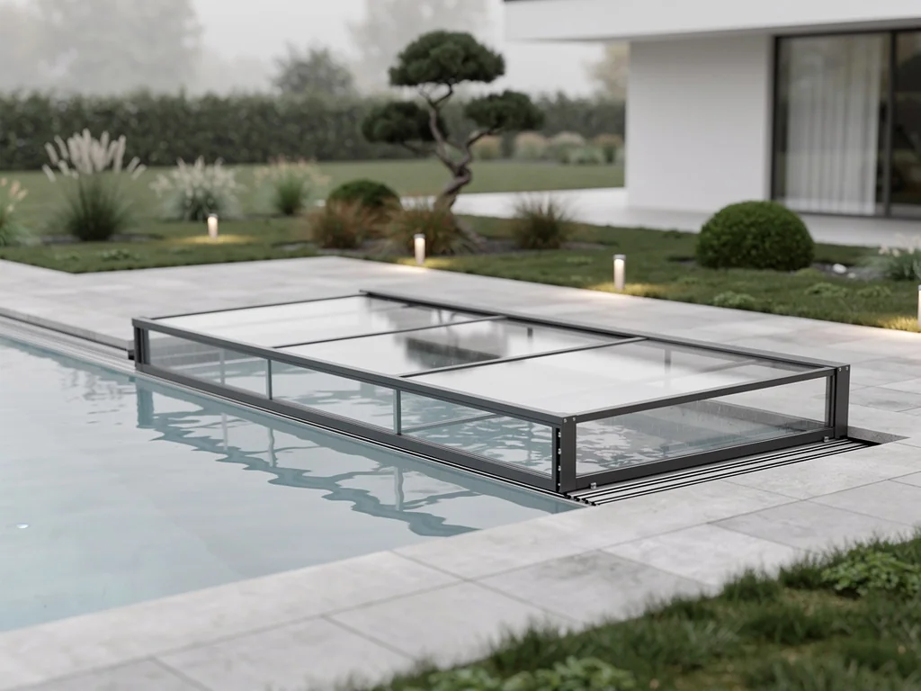 Abri de piscine bas coulissant posé au ras du bassin