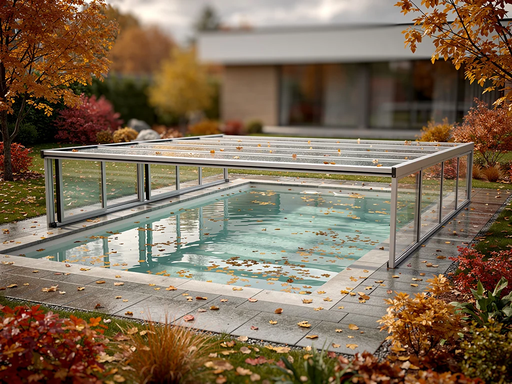 Abri de piscine plat amovible protégeant l'eau des feuilles à l'automne